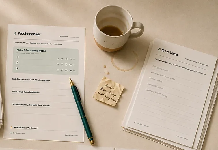 Ausgedruckter Wochenanker mit Stift, Kaffeetasse und handgeschriebenem Zettel auf einem Schreibtisch